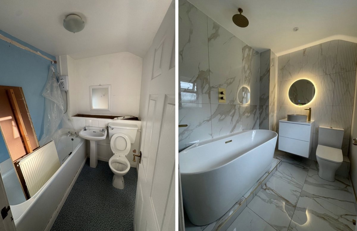 Before and after: a dated bathroom transformed with marble-effect tiles, a freestanding bath and gold fittings