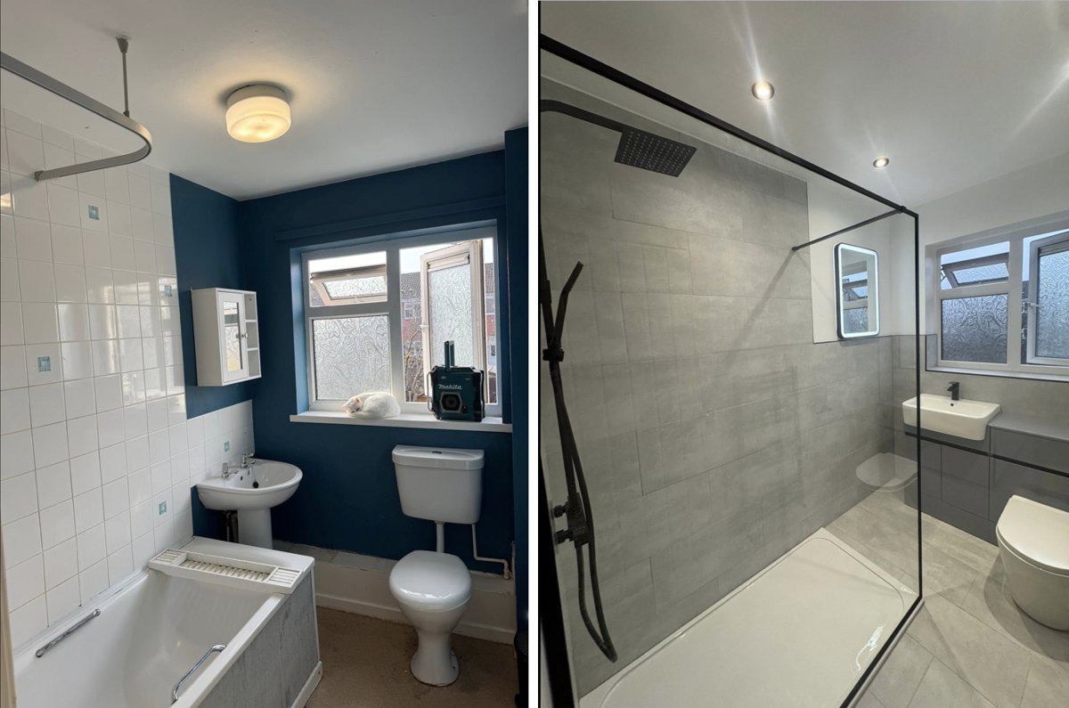 Before and after: a dated bathroom turned into a modern shower room with a black-framed walk-in shower