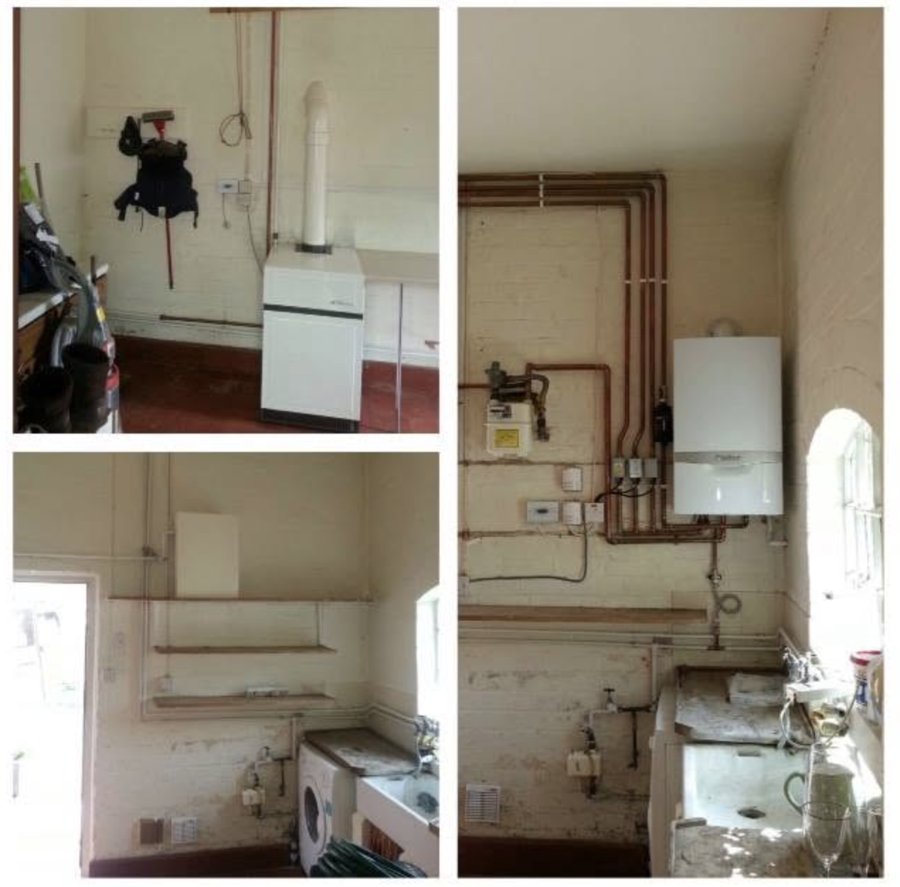 Before and after: an old floor-standing boiler replaced with a new wall-hung Vaillant boiler and neat copper pipework